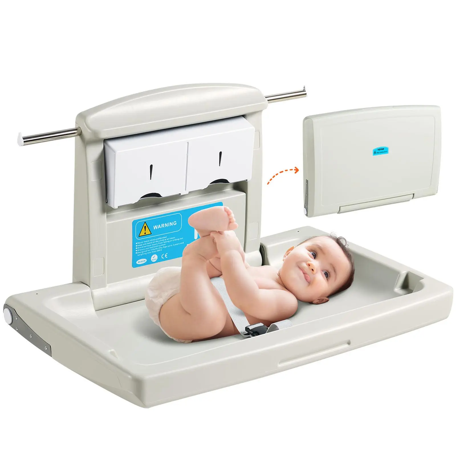VEVOR Wall-Mounted Baby Safe Changing Table, Horizontal Foldable Durable HDPE Table with Adjustable Strap, Hangable Rods, Easy Installation for Commercial Bathrooms, Nursery, 16-Inch Setups, 3-6 Months Infants