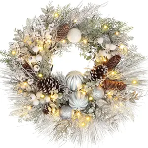 24in Snow Flocked Christmas Wreath with Ornaments Pinecone Berries for Front Door Indoor Outdoor Decor