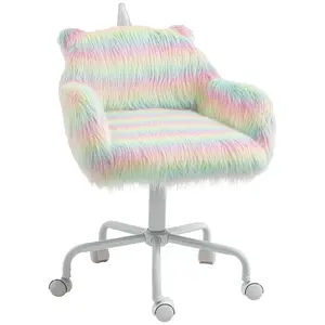 Rainbow Fluffy Office Chair – Rainbow. Plush Fabric + Soft Cushioned Seat. Wide Curved Back + Armrests. 360° Swivel Casters + 5-Star Base. Adjustable Height (17.25"-20.25"). 264 lbs Cap