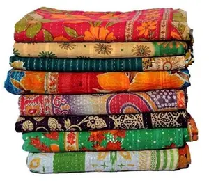 One Piece Vintage Kantha Quilts Reversible Bohemian Home Decor Handmade Indian Blanket Twin Size 85X55 Inches Assorted Multicolor