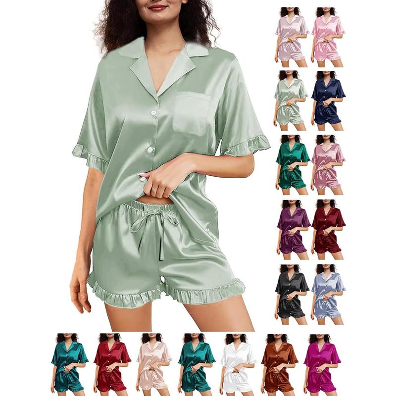 Womens Silk Pajamas Set XS-4XL Button Down Satin Pajama Sets Silky Pj ...