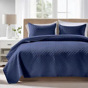 Navy Full/ Quilt Bedspreads, Modern Style Geometric Weave Stripe ,3 Pieces Lightweight Bedding Sets, Microfiber Quilted Comforter Coverlet for All Season (1 Quilt, 2 Shams)