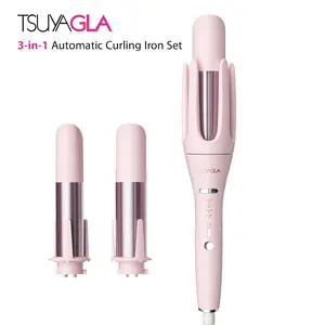 TSUYAGLA 3-in-1 Automatic Curling Iron Set, Interchangeable 1"-1.5" Barrels, 10s Fast Heating Rotating Curler, Dual Voltage for Travel •