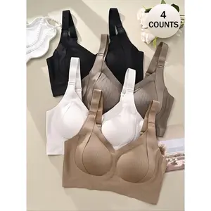 4-Piece Set Women's Solid Color Seamless Wireless Bra High Elastic Breathable Comfortable Adjustable Straps Three-Row Hook Soft Underwear Top Daily Wear Curvy Elegant