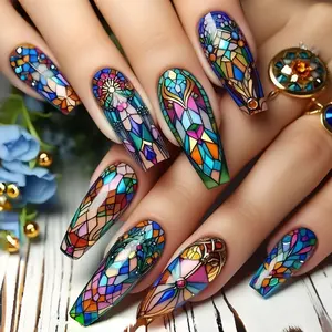 Geometric Pattern Fake Nails with Nail File & Tape, 24pcs Long False Nails for Women & Girls DIY Nail Art, Effortless Press on Nails Manicure Set, Fake Nails Kit