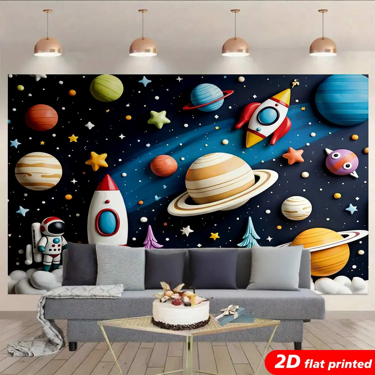 3D Cosmic Theme Tapestry Wall Hanging - Wrinkle Resistant, Synthetic, High Detail 2D Flat Printed with Rocket, Planet, Astronaut, Star Designs, Rod Pocket, Kids' Room Decor, Boys' Birthday Gift