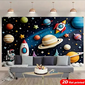 3D Space Tapestry Wall Hanging, 2D Flat Printed with Rocket, Planet, Astronaut & Star Designs, Adventure-Themed Photo Backdrop for Kids Room Decor, Ideal Gift for Boys