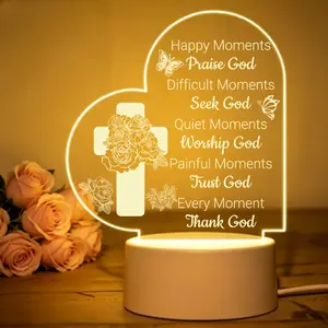 Christian Acrylic Night Light - "Every Moment Thank God" Religious LED Lamp, Inspirational Cross & Rose Heart-Shaped Night Light for Faithful Gifts