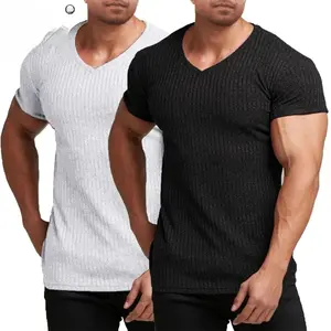 Kyn Apparel Summer Men's Short Sleeve V Neck T Shirts Bodybuilding Workout Stretch TShirts Ribbed Knit Muscle Lightweight Breathable Shirt