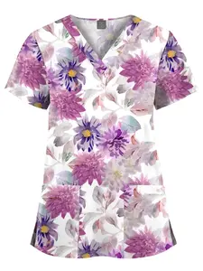 New Printed Elastic Spa Workwear | V-Neck Plus Size Cartoon Pattern Uniform for Pet Hospital Staff, Spa Therapists, and Senior Care Professionals
