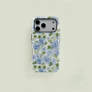 Blue Hydrangea 2 in 1 Phone Case – Girly Floral Aesthetic Shock Absorbing Cover for iPhone 11 12 13 14 15 16 17 Pro Max Pro Plus, Summer Spring Gift