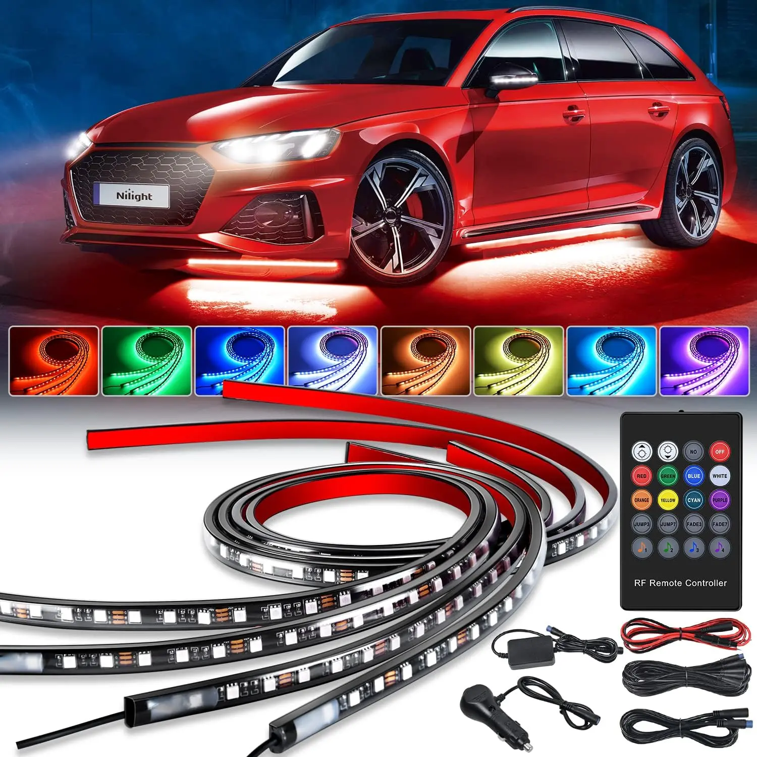 Nilight 4Pcs Underglow Neon Accent Strips Car Light Set - 252-LED RGB 8-Color Sound-Active Music Mode, Wireless Remote Control, Rubber Tube, IP68, Adhesive + Clip, for 12V Cars, Van SUV Underbody Ambient Decor Accessories