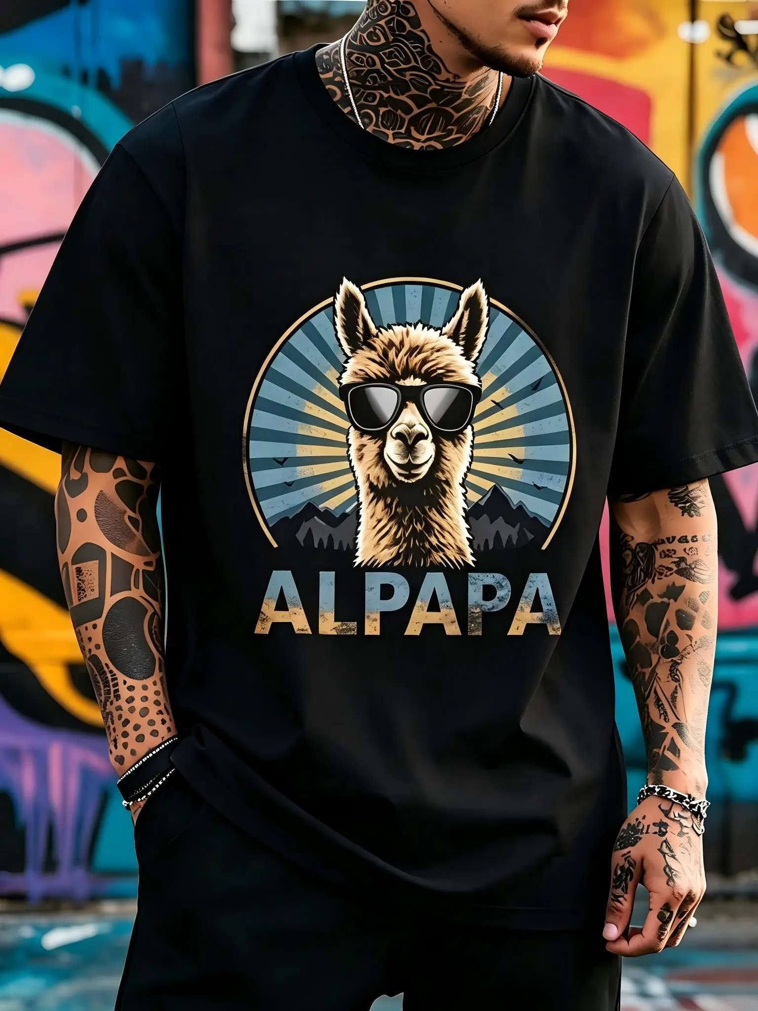 Men's Short-Sleeve Retro Graphic T-Shirt - Funny Alpaca With Sunglasses Design