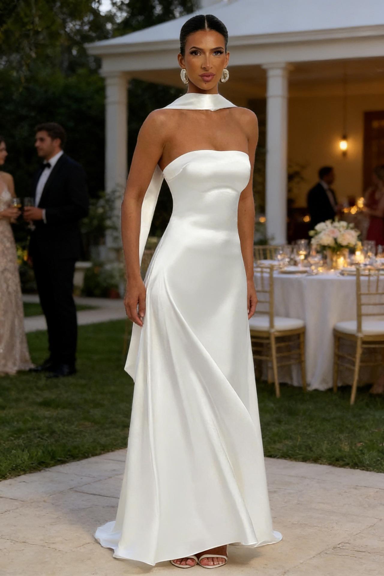 Womens Backless Tube-Top Waist-Cinching Evening Gown Long Dress