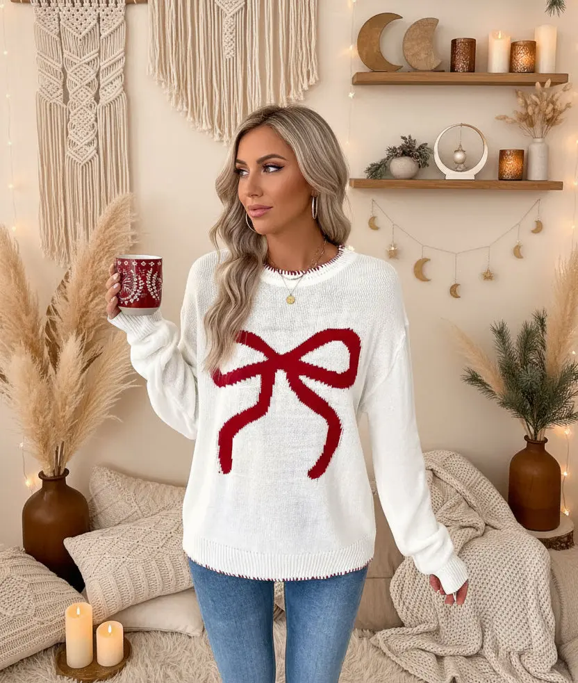 Velvet Stardust Co. White Bow Christmas Sweater – Sweet Boho Holiday Kni