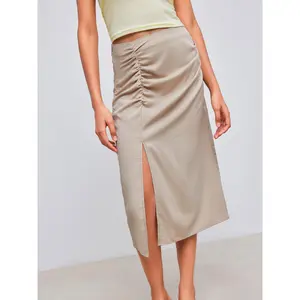 Cider [size 2-10] Woven Mid Rise Solid Ruched Split Maxi Skirt
