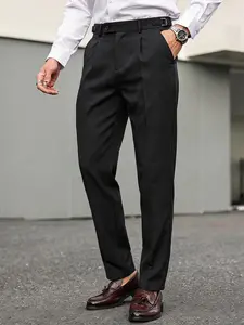 Men's Business Slim Fit Suit Pants, Wrinkle-Resistant Front Pleat, Adjustable Buckle, Natural Waist, All Seasons, Versatile Casual Wear