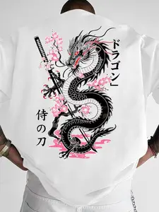 Men's Loose Fit Street Fashion Streetwear Short Sleeve T-Shirt, Sakura Dragon Print, Casual Daily Wear, Comfortable and Stylish, All Seasons