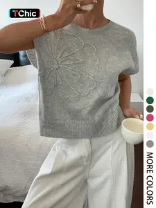 Elegant Round Neck Knit Top for Women, Spring Summer Loose Fit Sweater Vest, Casual Plain Pattern, Stylish Pullover Jacket