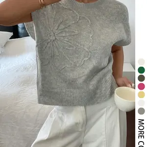 Elegant Round Neck Knit Top for Women, Womenswear, Spring Summer Loose Fit Sweater Vest, Casual Plain Pattern, Stylish Pullover Jacket