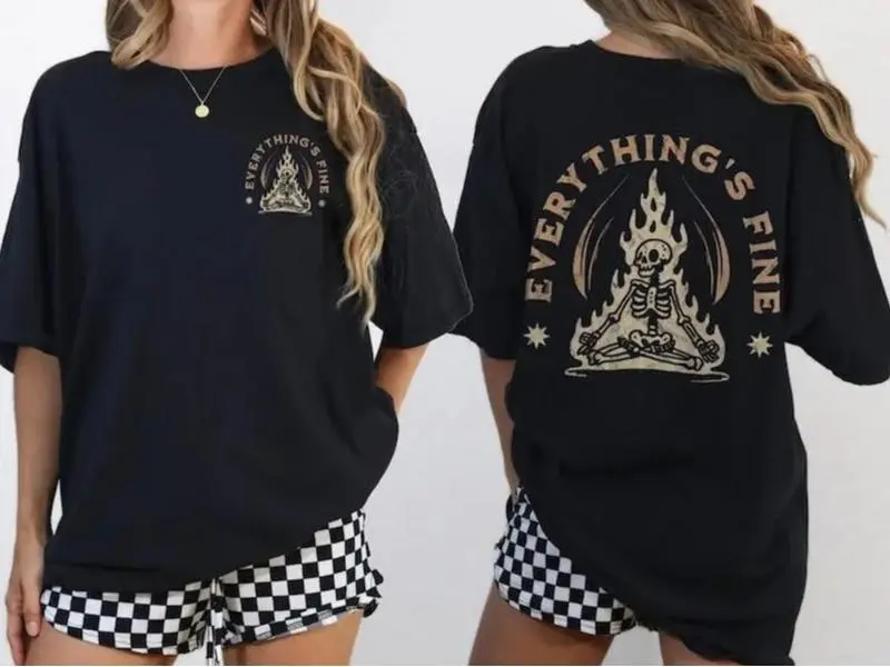 Vintage Distressed Meditating Skeleton T-shirt | Everything's Fine Gothic Casual Graphic Tee