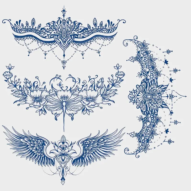 4-Piece Temporary Tattoo Stickers, Sexy Lace Flower Wing Design, Long-Lasting Body Art Tattoos for Women, Perfect for Beach Parties