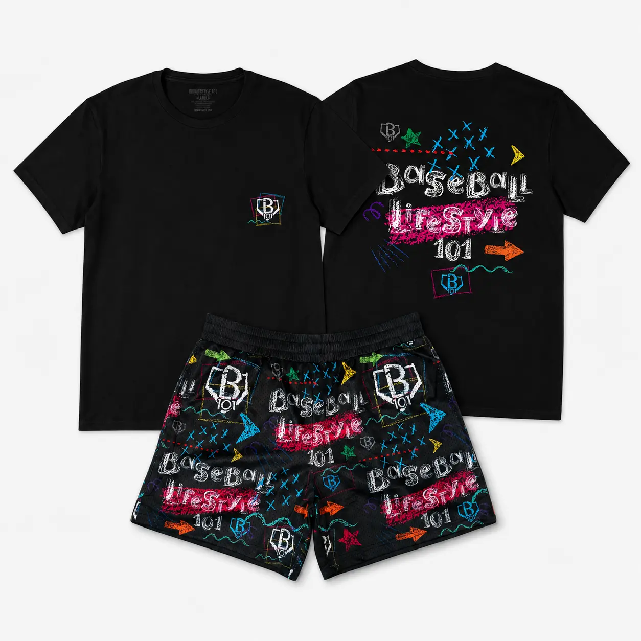Baseball Lifestyle 101 Chalkboard Tee & Chalkboard Shorts Set – Matching Baseball Graphic Outfit, Youth & Adult Sizes, Casual Game Day Set