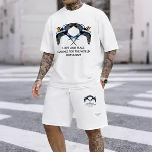 Men's Casual Style Peace Dove Print Waffle Fabric Short-Sleeved Shirt And Shorts Set