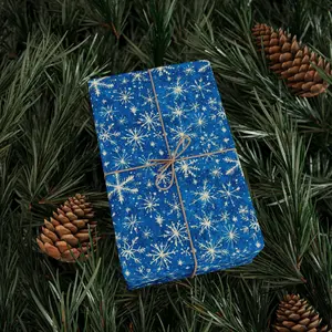 Snowflake Glossy Wrapping Paper, Christmas Hanukkah Gift Wrap, Winter Holiday Packaging, Blue Watercolor Design