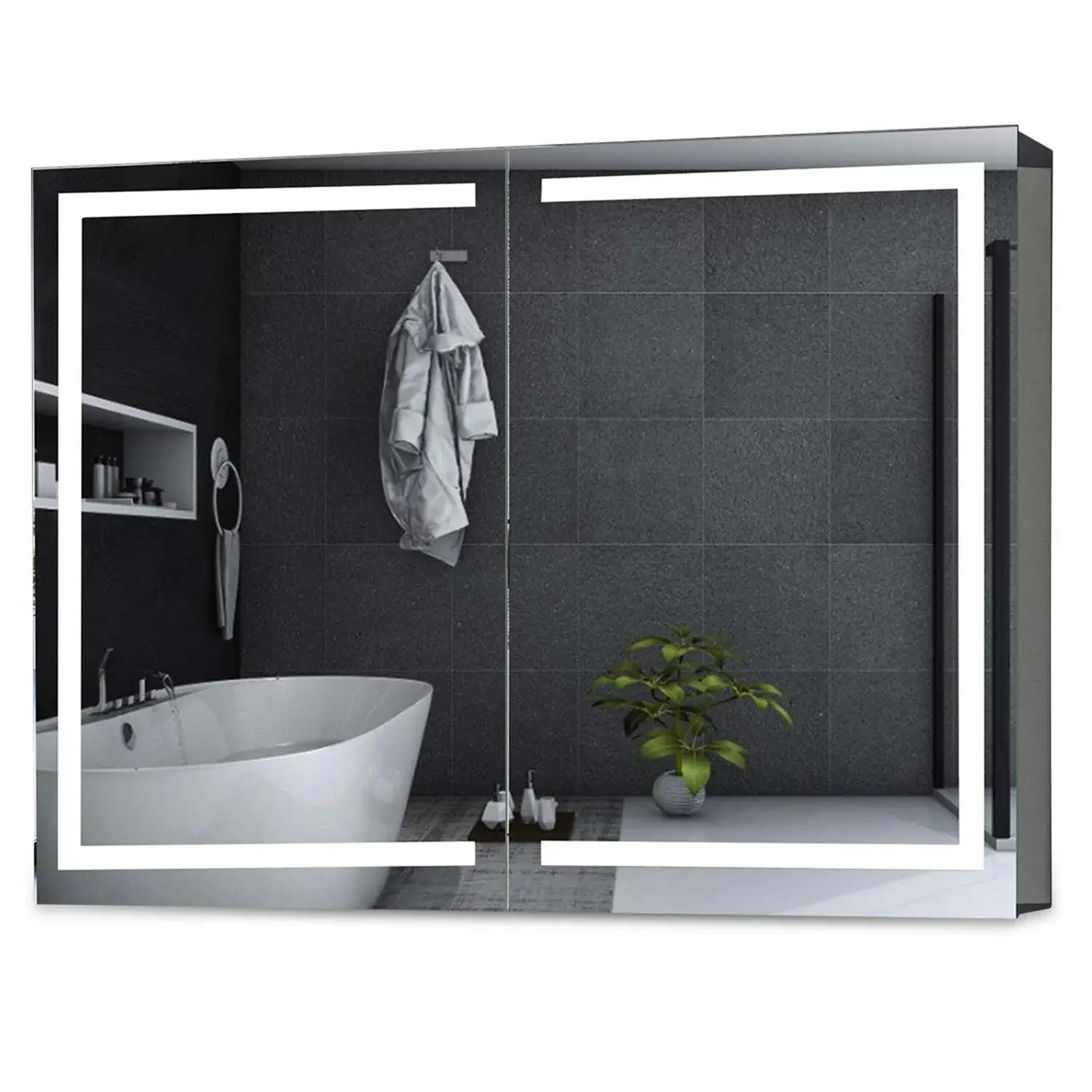 SIKAIC Modern White 2-Door LED Bathroom Wall Cabinet with Mirror, Large Flat-Faced Door-Mounted Multi-Compartmentalized Mirror Cabinet, Large Mirror Cabinets
