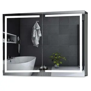 SIKAIC Modern White 2-Door LED Bathroom Wall Cabinet with Mirror, Large Flat-Faced Door-Mounted Multi-Compartmentalized Mirror Cabinet, Large Mirror Cabinets
