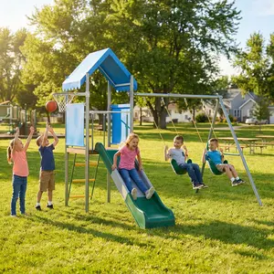 Heavy Duty Kids Swing Sets with Slide & Basketball Hoop, Dual Swings, Slide & Basketball Hoop – Galvanized Steel, Safe & Durable – for Backyard/Garden – Blue