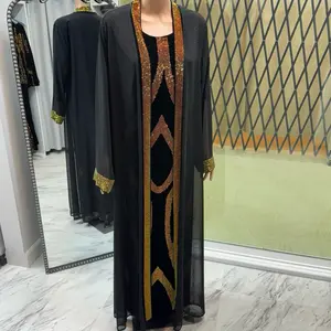 two piece black velvet dress with top chiffon piece and rhinestone