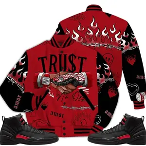 Bloodline 12s Outfit Varsity Jacket, Trust No One Graphic Tee Streetwear Sneaker Color Match Shirts