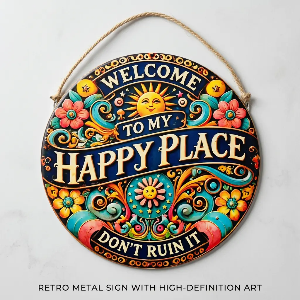 Welcome to My Happy Place Metal Tin Sign, 12x12 Inch Retro Boho Wall Decor with UV Printed Sun & Floral Design, Weather-Resistant Rustic Hanging Sign for Porch, Patio, Garden & Home