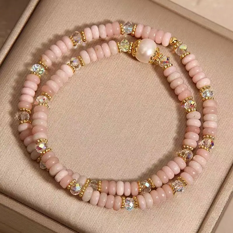Pink Jade Double-Layer Beaded Bracelet with Freshwater Pearl &  Crystals