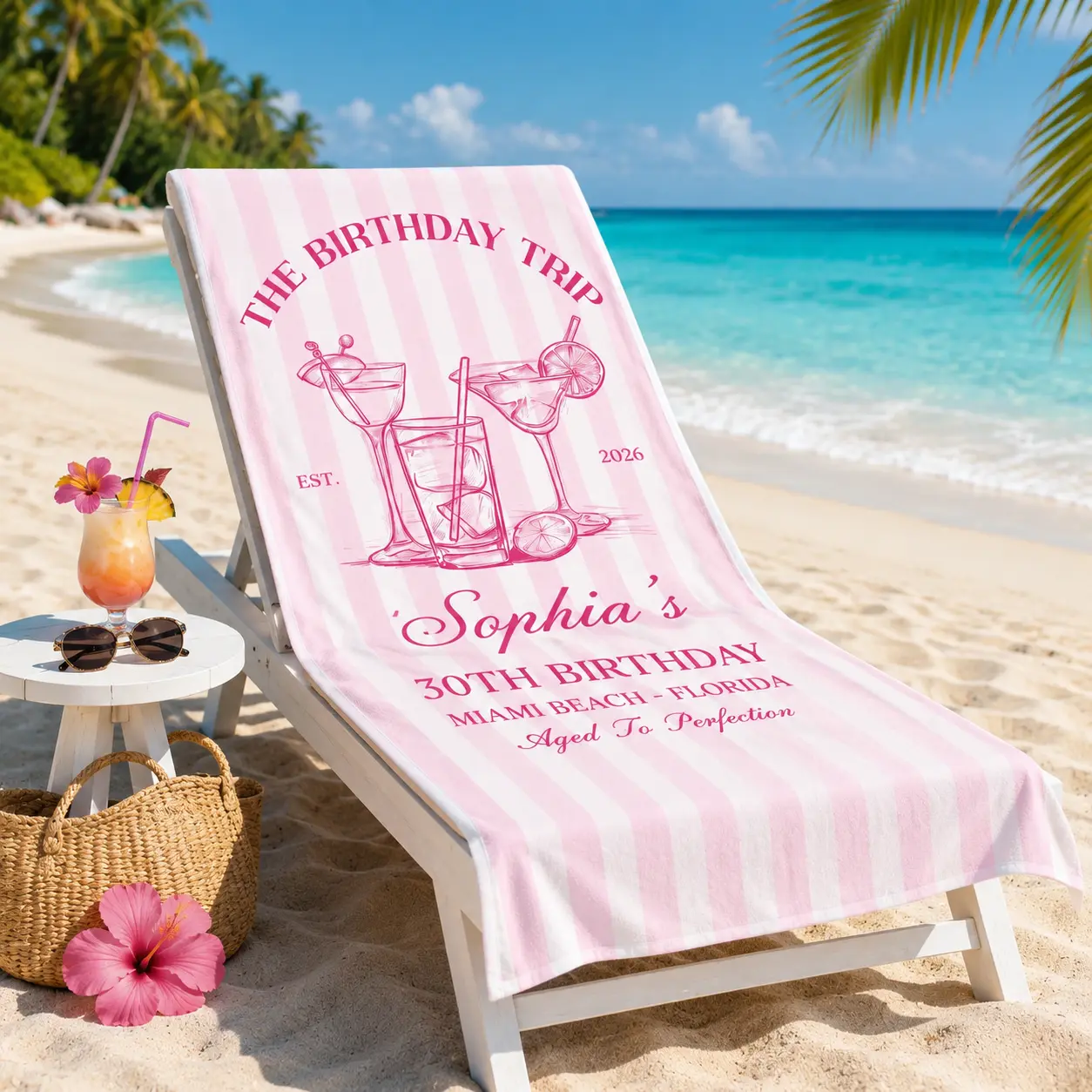 Personalized Birthday Beach Towel with Custom Name, Custom Girls Trip Pool Towel, Multiple Colors and Tropical Designs, Birthday Vacation Gift for Women
