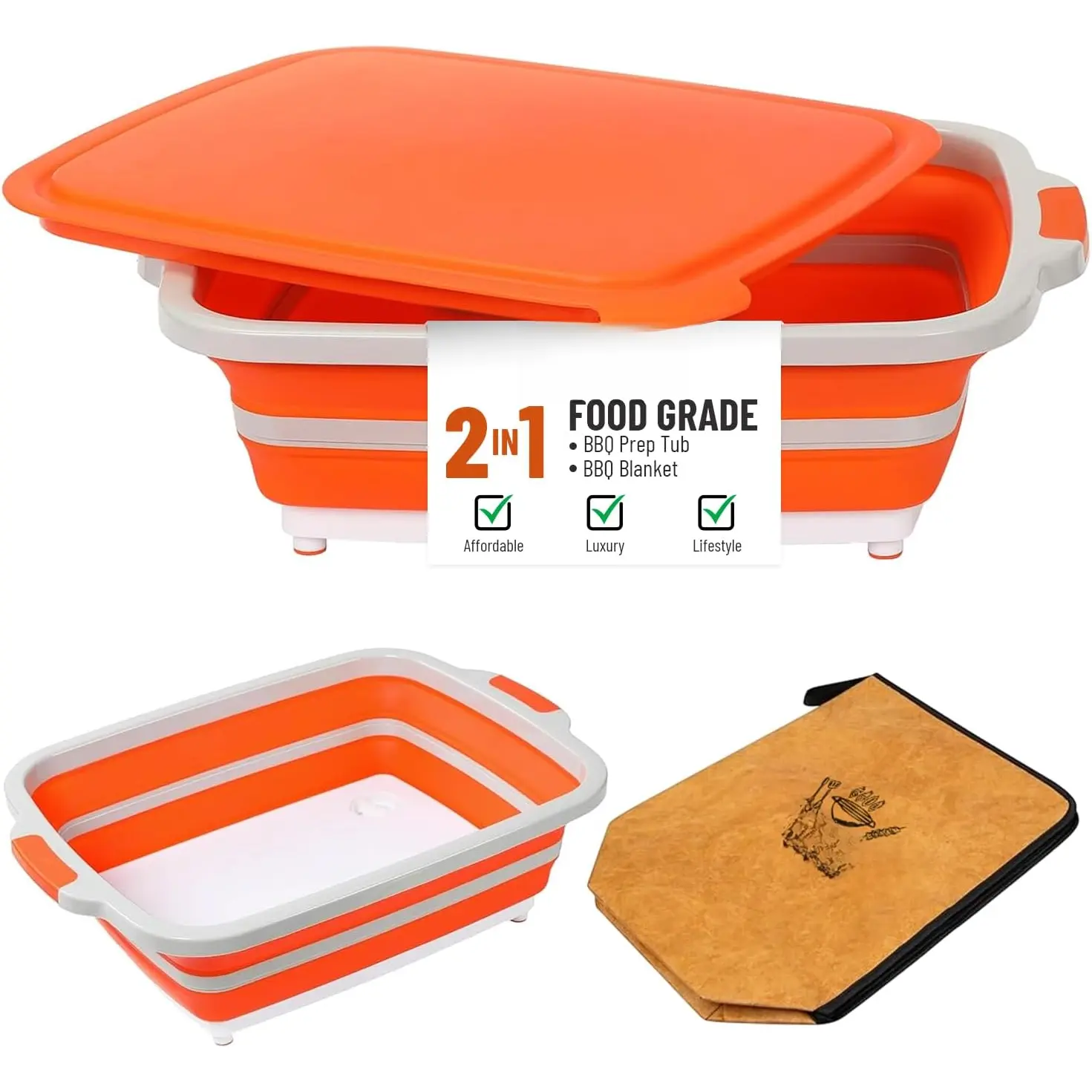 large 16L BBQ Prep Tub with Lid & BBQ Resting Blanket, Collapsible  Board for Brisket & Vegetables, BBQ Tray for Meal Prep Marinating,Versatile Kitchen Container for Meat,  Storage