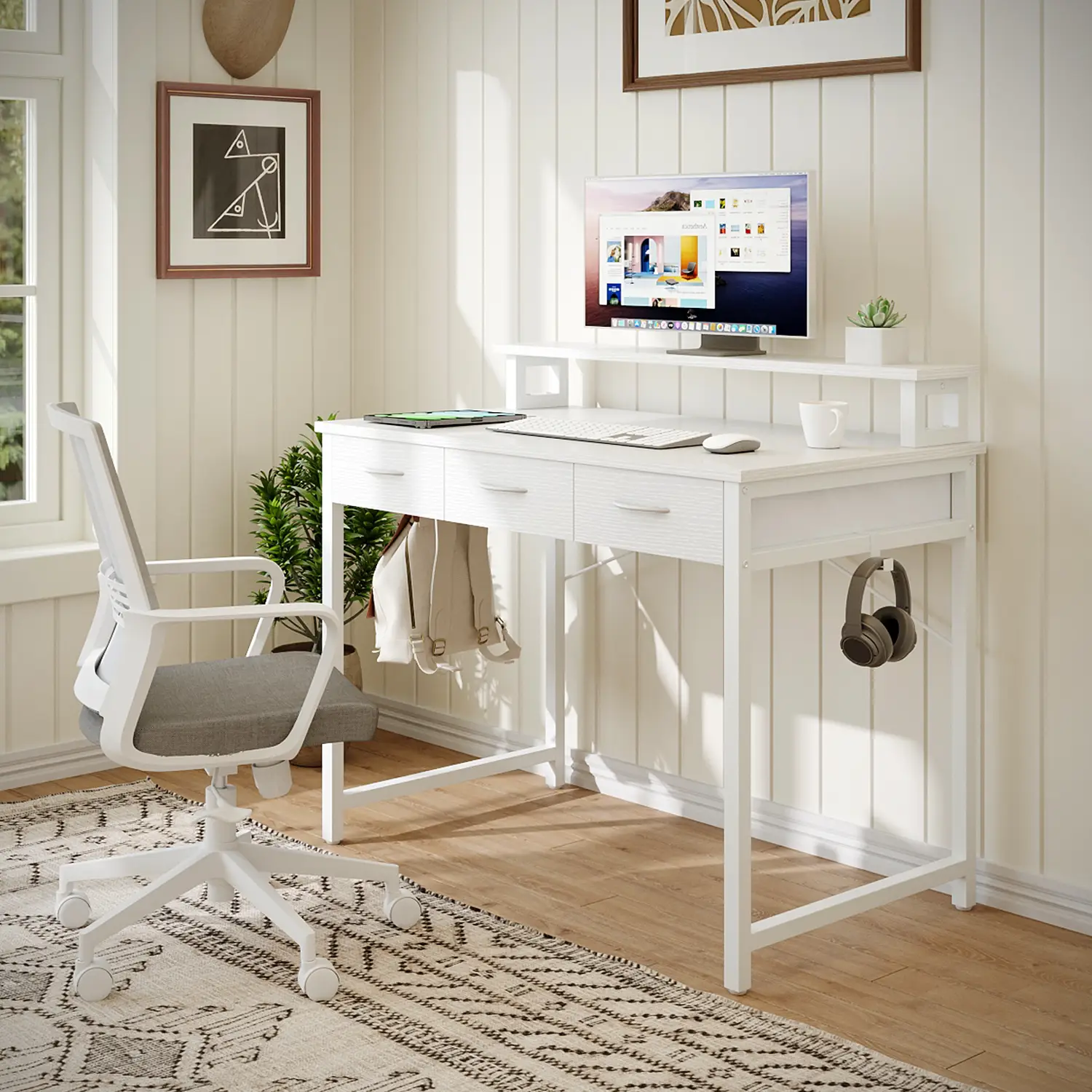 Yitahome Small Computer Desk with Drawers, Office Desk with Monitor Stand for Small Spaces, Home Office Desks, Writing Desk Study Desk with Hooks