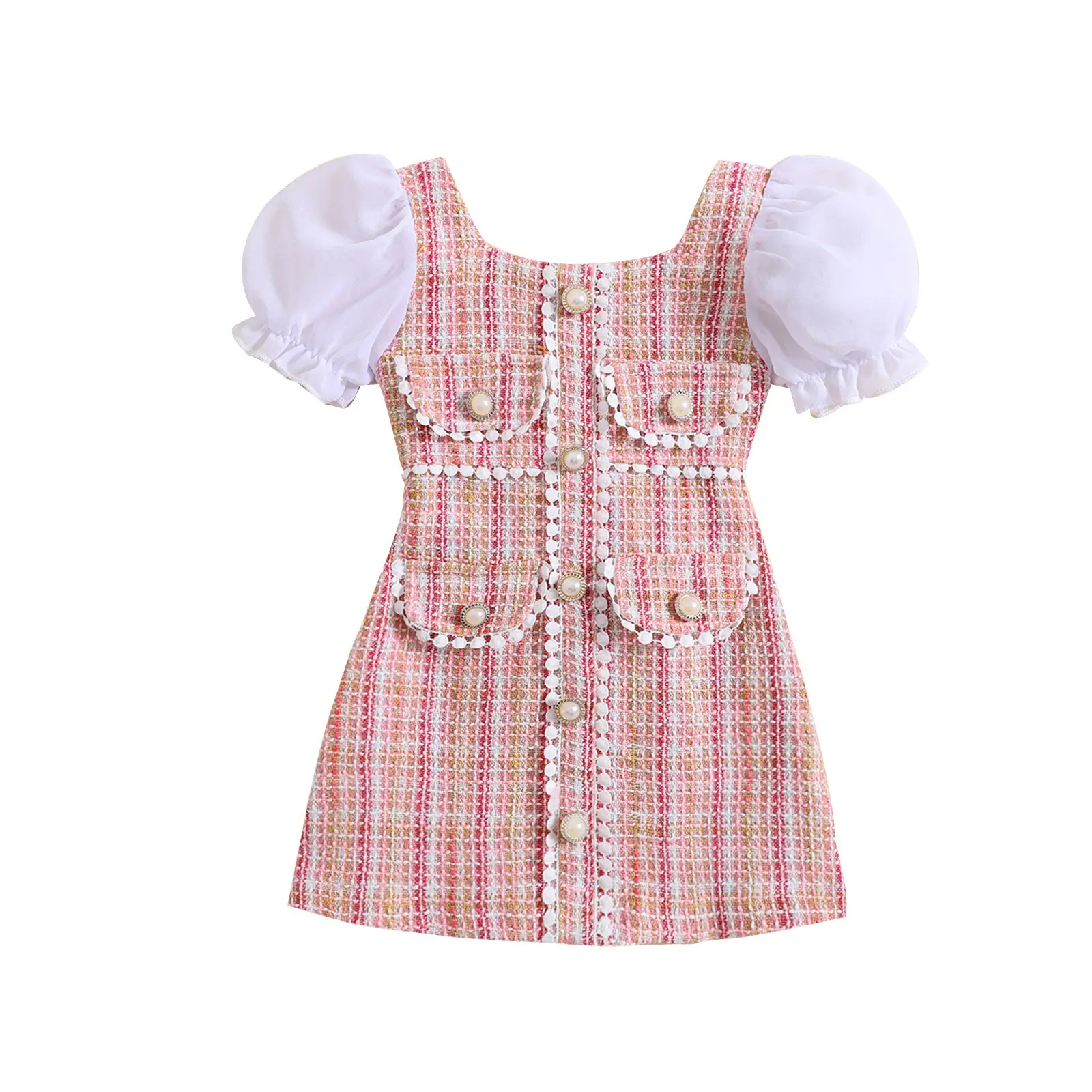 Toddler Baby Girls Tweed Plaid Dress Square Neck Puff Short Sleeve Fake Pockets Elegant Party Clothes