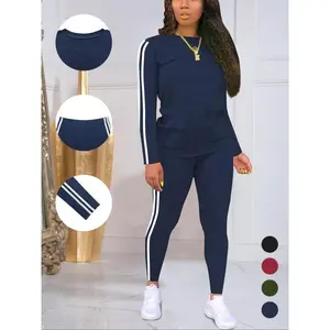 Women's summer round neck long sleeve trousers suit leisure sports home, classic solid color spring style.Sleeves and pants side stripes personality casual styleGift