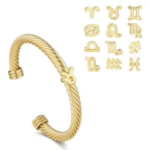 Aprilery Zodiac Horoscope Gold Tone Twisted Cable Cuff Bracelet Personalized Adjustable Charm Jewelry For Women Luxury Gift