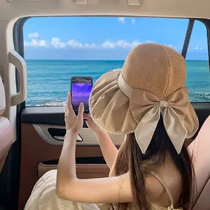 Women's UPF50+ Sun Protection Hat, Wide-Brim Foldable UV-Protective Beach Hat with Bow, Summer Travel Vacation Sun Hat