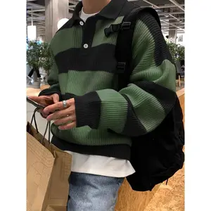 [Comfortable Men's Knitted Sweater] Orange and White Striped Men's Knitted Sweater | Color Contrasting Casual Hoodie, Loose Off Shoulder Long Sleeve Round Neck Autumn/Winter Edition