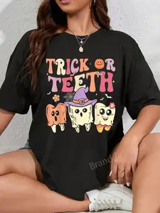 100% Cotton Unisex Groovy Dental Halloween Retro Trick or Teeth Floral Ghost T-Shirt Casual Graphic Printed Vintage Tshirt
