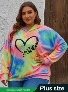 【Plus Size】 Butterfly & Heart & Tie Dye Print Drop Shoulder Graphic Hoodie, Fashion Casual Long Sleeve Hooded Sweatshirt for Daily Holiday Outdoor Wear, Women Clothing for Fall & Winter Valentine's Day, gift