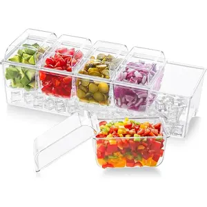 Lifewit Ice Chilled Condiment Caddy with 5 Containers(2.5 cup), Condiment Server with Separate Lids, Serving Tray Platter with Removable Dishes for Bar Accessories, Fruit, Salad, Taco, Party Garnish