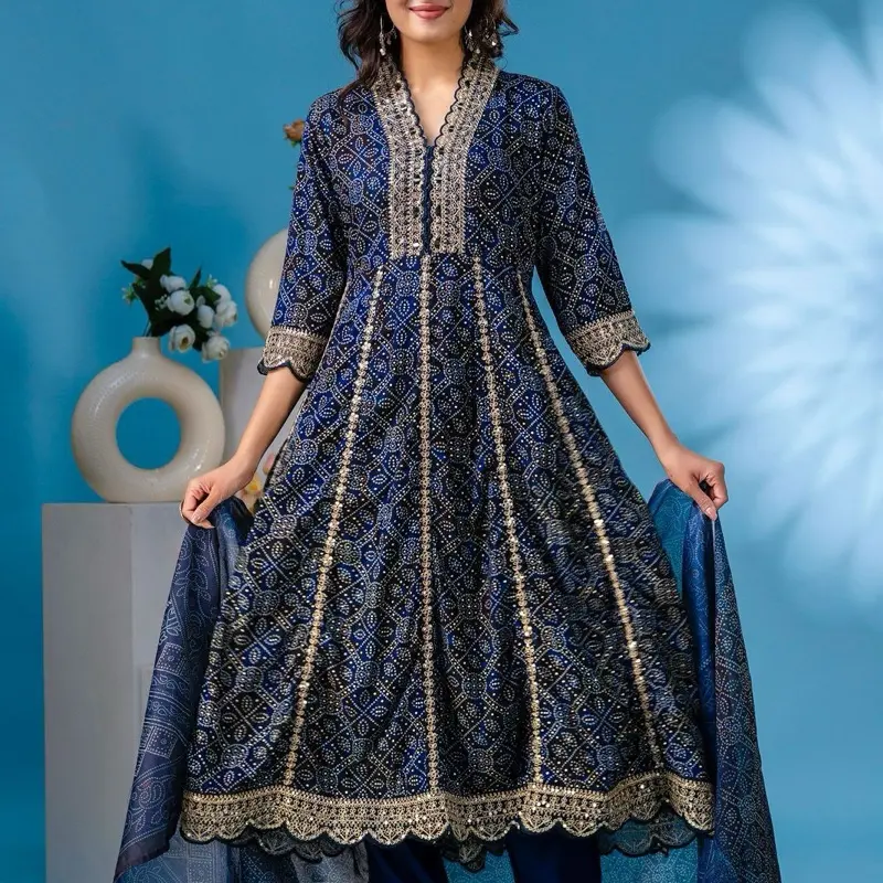 Anarkali Style Flared Kurta size 38 with Real Mirror Embroidery Bandhani Print Lightweight Rayon Casual Aesthetic Asian Clothes Elegance Everyday Fit Flowy Overall Salwar Suit