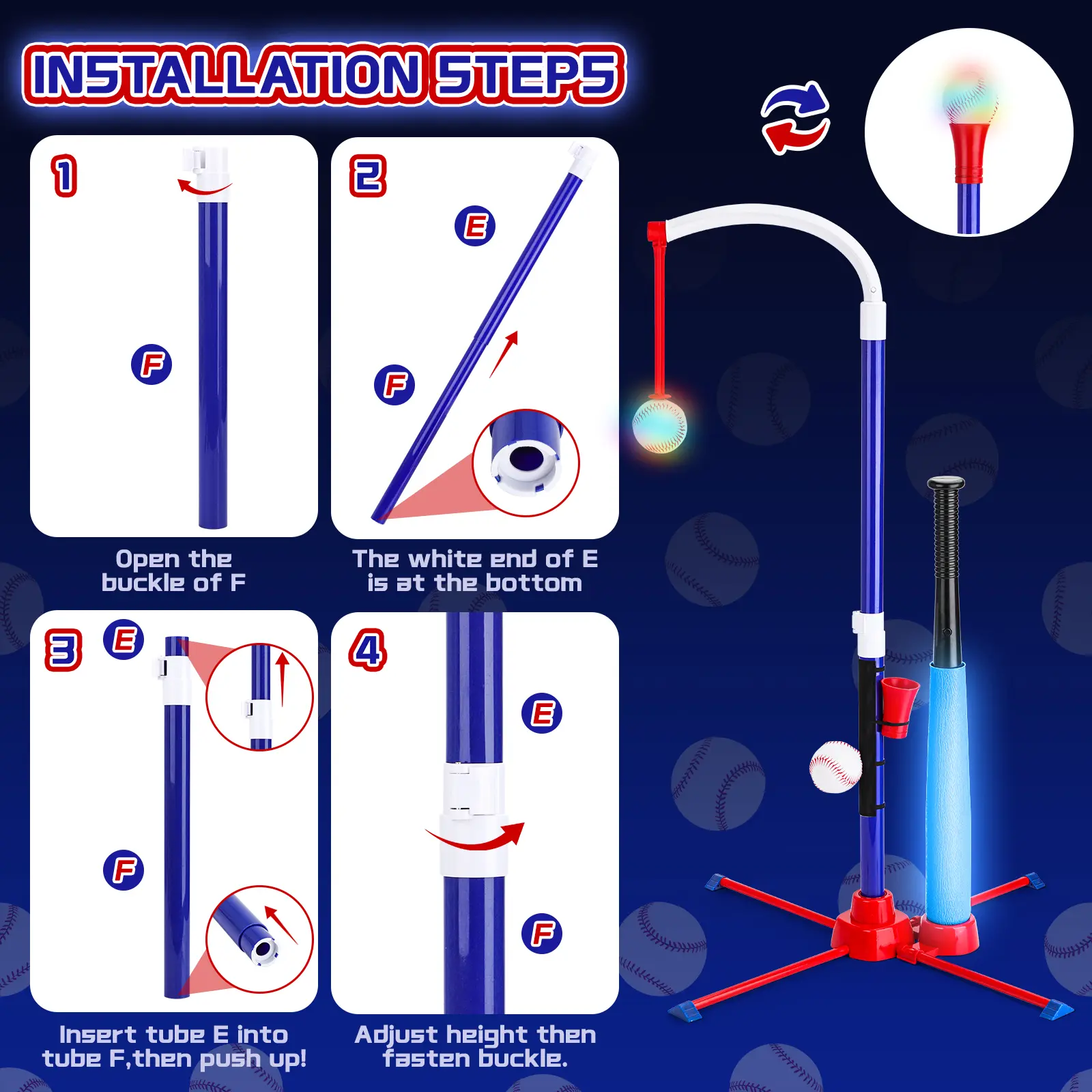 deAO Light up Tee Ball Set, 3-in-1 T Ball Set - Adjustable Height, Hanging Tee Ball Set with Automatic Pitching Machine/4 Balls/Retractable Bat, for Kids 5-8, Kids Outdoor Playset Baseball Toys Gifts for Boys Girls