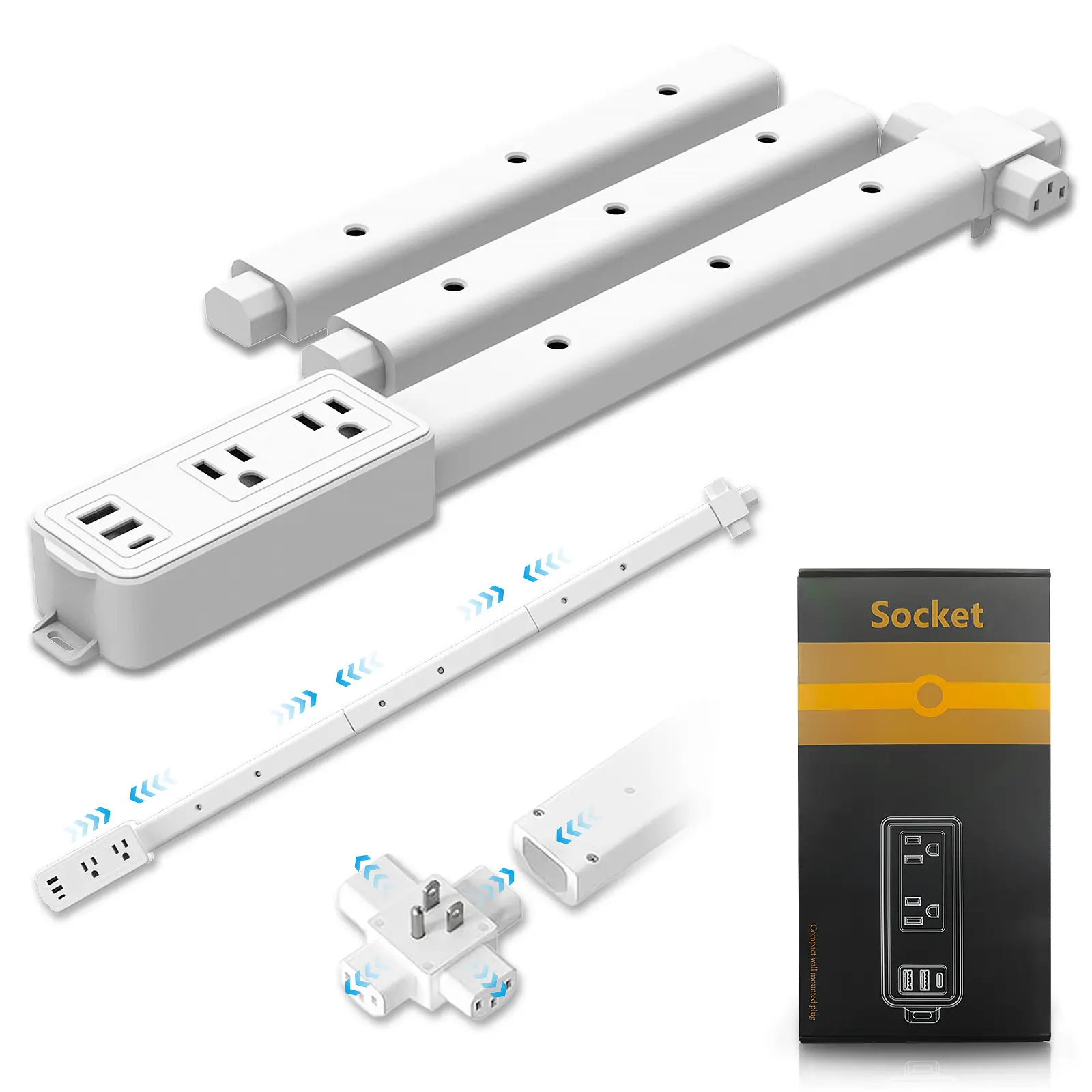 Amazpro Extendable Outlet Extender Stick with 2 AC Outlets, 2 USB-A & 1 USB-C, 9–45 in Adjustable Wall Plug Extension for Nightstands, Sofas & Desks